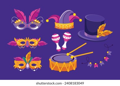 Mardi Gras carnival decorative elements. Mardi Gras decorative elements background. Vector illustration design. Mardi Gras elements for Poster, Banner, Flyer, Greeting Card, Post, Cover, Invitation.