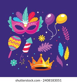 Mardi Gras carnival decorative elements. Mardi Gras decorative elements background. Vector illustration design. Mardi Gras elements for Poster, Banner, Flyer, Greeting Card, Post, Cover, Invitation.