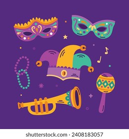 Mardi Gras carnival decorative elements. Mardi Gras decorative elements background. Vector illustration design. Mardi Gras elements for Poster, Banner, Flyer, Greeting Card, Post, Cover, Invitation.