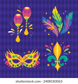 Mardi Gras carnival decorative elements. Mardi Gras decorative elements background. Vector illustration design. Mardi Gras elements for Poster, Banner, Flyer, Greeting Card, Post, Cover, Invitation.