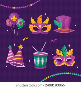 Mardi Gras carnival decorative elements. Mardi Gras decorative elements background. Vector illustration design. Mardi Gras elements for Poster, Banner, Flyer, Greeting Card, Post, Cover, Invitation.