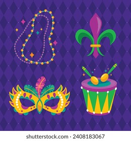Mardi Gras carnival decorative elements. Mardi Gras decorative elements background. Vector illustration design. Mardi Gras elements for Poster, Banner, Flyer, Greeting Card, Post, Cover, Invitation.