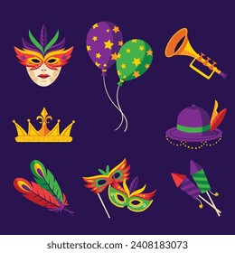 Mardi Gras carnival decorative elements. Mardi Gras decorative elements background. Vector illustration design. Mardi Gras elements for Poster, Banner, Flyer, Greeting Card, Post, Cover, Invitation.