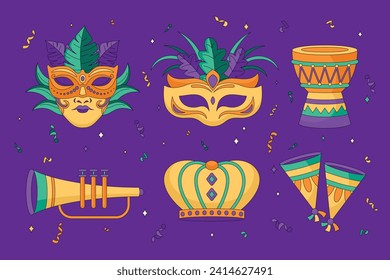 Mardi Gras carnival decorative elements. Mardi Gras decorative elements background. Vector illustration design. Mardi Gras elements for Poster, Banner, Flyer, Greeting Card, Post, Cover, Invitation.