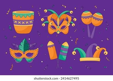 Mardi Gras carnival decorative elements. Mardi Gras decorative elements background. Vector illustration design. Mardi Gras elements for Poster, Banner, Flyer, Greeting Card, Post, Cover, Invitation.