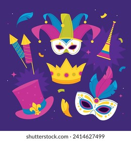 Mardi Gras carnival decorative elements. Mardi Gras decorative elements background. Vector illustration design. Mardi Gras elements for Poster, Banner, Flyer, Greeting Card, Post, Cover, Invitation.