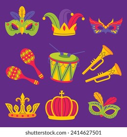 Elementos decorativos del carnaval de Mardi Gras. Fondo decorativo del Mardi Gras. Diseño de ilustración vectorial. Elementos del Mardi Gras para afiche, pancarta, volante, tarjeta de saludo, post, portada, invitación.