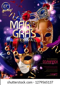 Mardi gras carnival design with clown mask in 3d illustration on bokeh purple glittering background