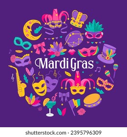 Mardi Gras Carnival design elements. Decoration for carnival, festival, masquerade party. Venetian mask, crown, feathers, flags, musical instruments. Vector isolated illustrations.