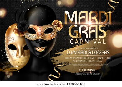 Mardi gras carnival design with golden mask in 3d illustration on black background