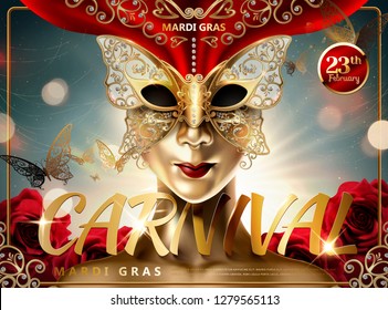 Mardi gras Carnival design with golden skin people wearing butterfly facial mask in 3d illustration