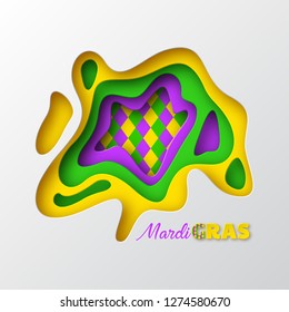 Mardi Gras carnival design. Paper cut layered abstract shapes in traditional colors. Carving art. Vector.