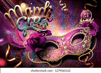 Mardi gras carnival design with purple rhinestone half mask in 3d illustration, shimmering rhombus background