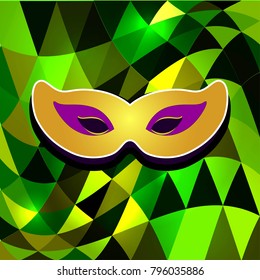 Mardi Gras Carnival Distortion for Green Triangles Background with Golden Mask. Vector Illustration of the cover, banner, card and other designs.