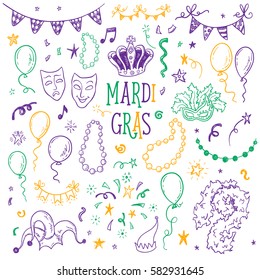 Mardi Gras carnival doodle elements set for your holidays design