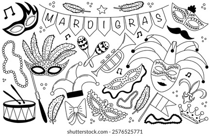 Mardi Gras carnival doodle vector set. Hand drawn traditional Mardi Gras symbols, masks and party decorations set