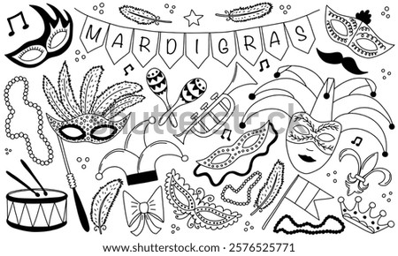 Mardi Gras carnival doodle vector set. Hand drawn traditional Mardi Gras symbols, masks and party decorations set