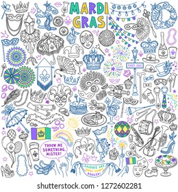 Mardi Gras carnival doodles set. Traditional holiday symbols, masks, party decorations. Freehand vector drawing isolated on background. "Laissez Les Bons Temps Rouler" means "Let the good times roll"