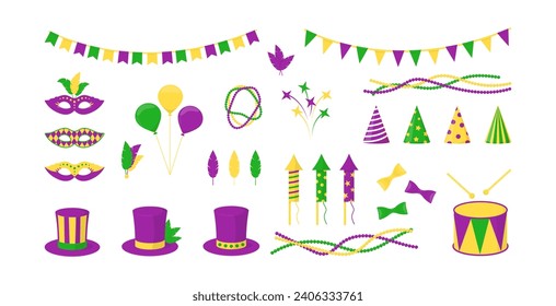 Mardi Gras carnival elements collection traditional colors flat illustration