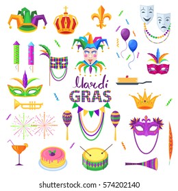 Mardi Gras carnival elements colourful collection on white. Festival masks with feathers, red cocktail, yellow-green drums, colourful petards and balloons, tasty pancakes. Party design elements