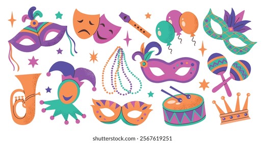 Mardi Gras carnival elements icons collection set illustrations. Mask with feathers, beads, drums, crown, music instruments