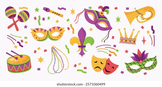 Mardi Gras carnival elements icons collection set illustrations. Mask with feathers, beads, crown, music instruments, fleur de lis