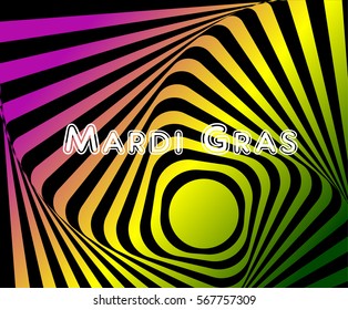 Mardi Gras carnival. EPS10. Bright purple, green and yellow circle. Festival New Orleans. Fat Tuesday. Colorful ethnic Indian tricolo. Abstract, optical illusion for websites and cards