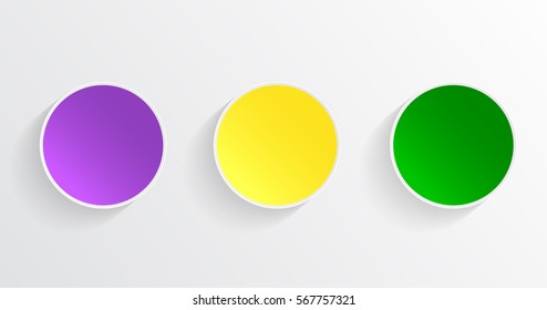 Mardi Gras carnival. EPS10. Bright purple, green and yellow circle. Festival New Orleans. Fat Tuesday. Colorful ethnic Indian tricolor. Round stickers for websites, cards, buttons.