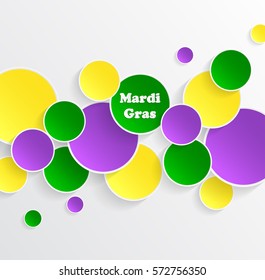 Mardi Gras carnival. EPS10. Bright purple, green and yellow circle. Festival New Orleans. Fat Tuesday. Colorful ethnic Indian tricolor. Round stickers for websites, cards, buttons.