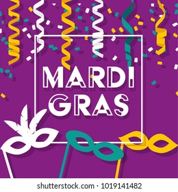 Mardi Gras  Carnival Event Sign  With Colorful Party Elements,  Masks And Confetti