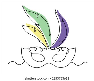 Mardi gras carnival feather mask single continuous line art with traditional purple, green and yellow colors