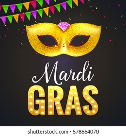 Mardi gras carnival festival celebration. Holiday colorful fat tuesday. Happy mardi gras masquerade party poster design