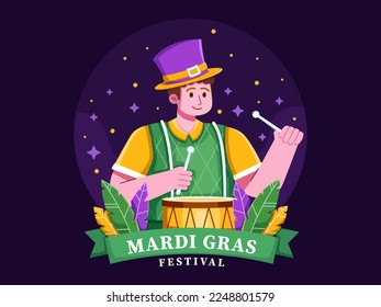 Mardi Gras Carnival festival Illustration with people playing a drum.
People at carnival having fun at Mardi Gras festival.
Can be use for greeting card, postcard, banner, etc