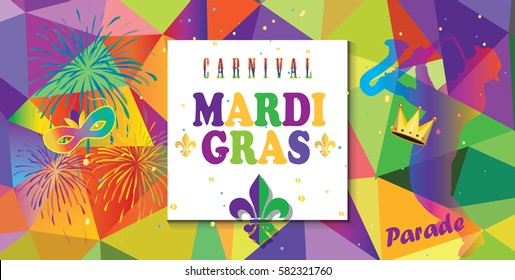 Mardi Gras Carnival, Festival, Masquerade poster, invitation design. Carnival Parade tickets, banner design. Jazz musicians, bright confetti, carnival mask, fireworks, fleur de lis masquerade symbol