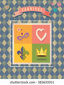 Mardi Gras Carnival, Festival, Masquerade poster, invitation design. Vector Funfair, parade funny tickets, banners design with confetti, carnival mask, crown, fleur de lis masquerade symbol. Vintage