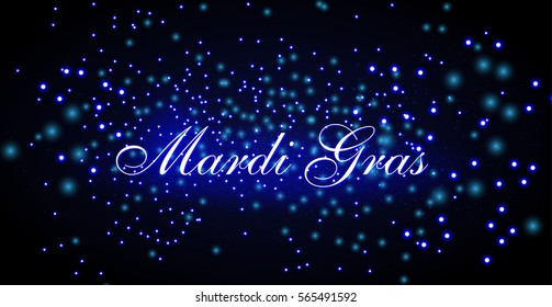 Mardi Gras carnival. Festival New Orleans "Fat Tuesday". Congratulation to "Shrove Tuesday". Luminous background. Splashes and sequins on dark backdrop. Abstract space background for banner or site.