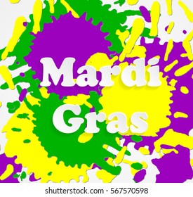 Mardi Gras carnival. Festival New Orleans "Fat Tuesday". Congratulation to "Shrove Tuesday". Lettering on tricolor backdrop. Colourful splash background for banner or site. Multicolored spots and blot