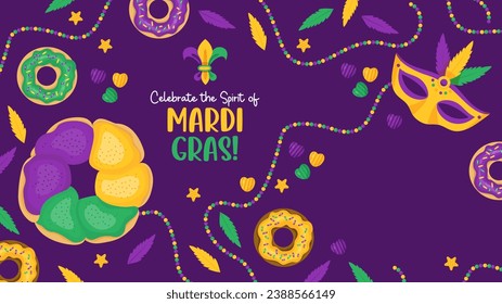 Mardi Gras carnival. Festive King Cake, baked, donuts with colorful icing, beads, necklaces, mask and feathers. Vector illustrations in cartoon style. Copy space. design for banner, flyer, card.