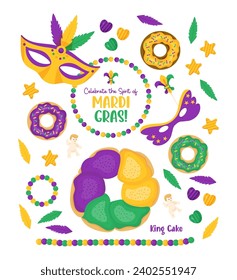 Mardi Gras carnival. Festive King Cake, donuts with colorful icing, sweets, baby Jesus toy, masks, beads, necklaces and feathers. Holiday Fat Tuesday. Isolated Vector illustrations in cartoon style