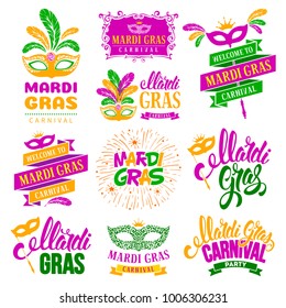 Mardi Gras Carnival festive typography labels set. Isolated on white background. Vector illustration. 