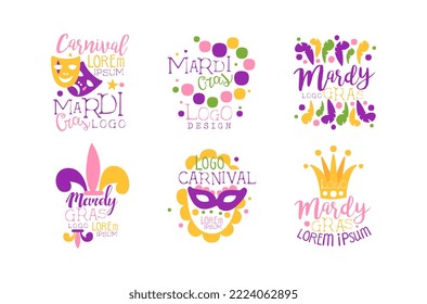 Mardi Gras Carnival and Festive Typography Label with Mask and Feather Vector Set