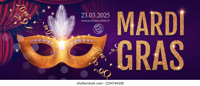 Mardi Gras Carnival Flyer Template with Mask. Vector illustration