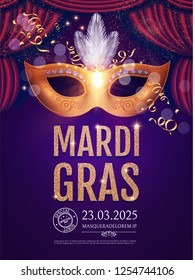 Mardi Gras Karneval Flyer Vorlage mit Maske. Vektorgrafik