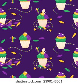 Comida del carnaval de Mardi Gras sin fisuras. Pastel de reyes, quequitos con coloridas glaseadas y juguete de niño Jesús sobre fondo morado con cuentas, collares y plumas. Ilustración vectorial en estilo de caricatura