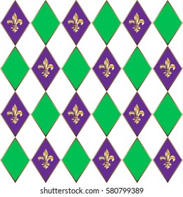 Mardi Gras Carnival geometric pattern with fleur-de-lis. Decorative ornament endless background, texture, wrapper. Vector. Festival, Masquerade invitation, poster, placard, wallpaper background.