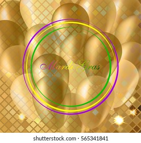 Mardi Gras carnival. Gold balloons in frame. Festival New Orleans "Fat Tuesday". Set with beautiful transparent aerostat. Congratulation to the holiday Shrove Tuesday