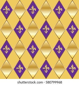 Mardi Gras Carnival gold pattern with fleur-de-lis. Luxury golden endless background, texture, wrapper. Vector vintage. Festival, Masquerade invitation, poster placard, wallpaper background New Orlean