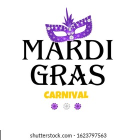 Mardi Gras carnival. Greeting card with ballons and mask. Masquerade party. Carnaval background for poster, postcard, party invitation or banner. Vector Illustration.