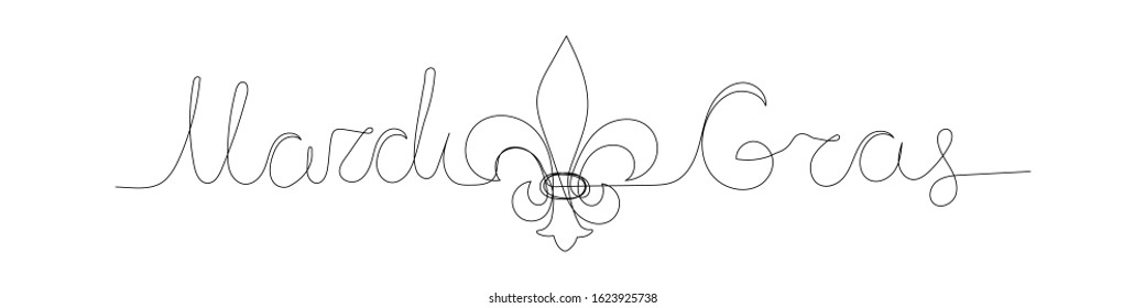 Mardi Gras carnival greeting card with traditional symbol of mardi gras - fleur de lis. Continuous line heraldic lily on white background. Fat tuesday New Orleans mardigras carnaval. Holiday vector