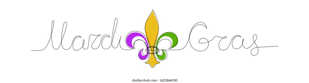 Mardi Gras carnival greeting card with traditional color symbol mardi gras - fleur de lis. Continuous line heraldic lily on white background. Fat tuesday New Orleans mardigras carnaval. Holiday vector